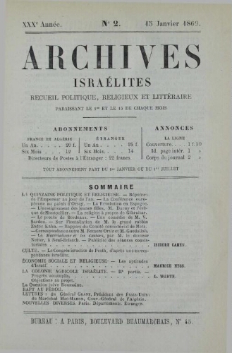Archives israélites de France. Vol.30 N°02 (15 janv. 1869)